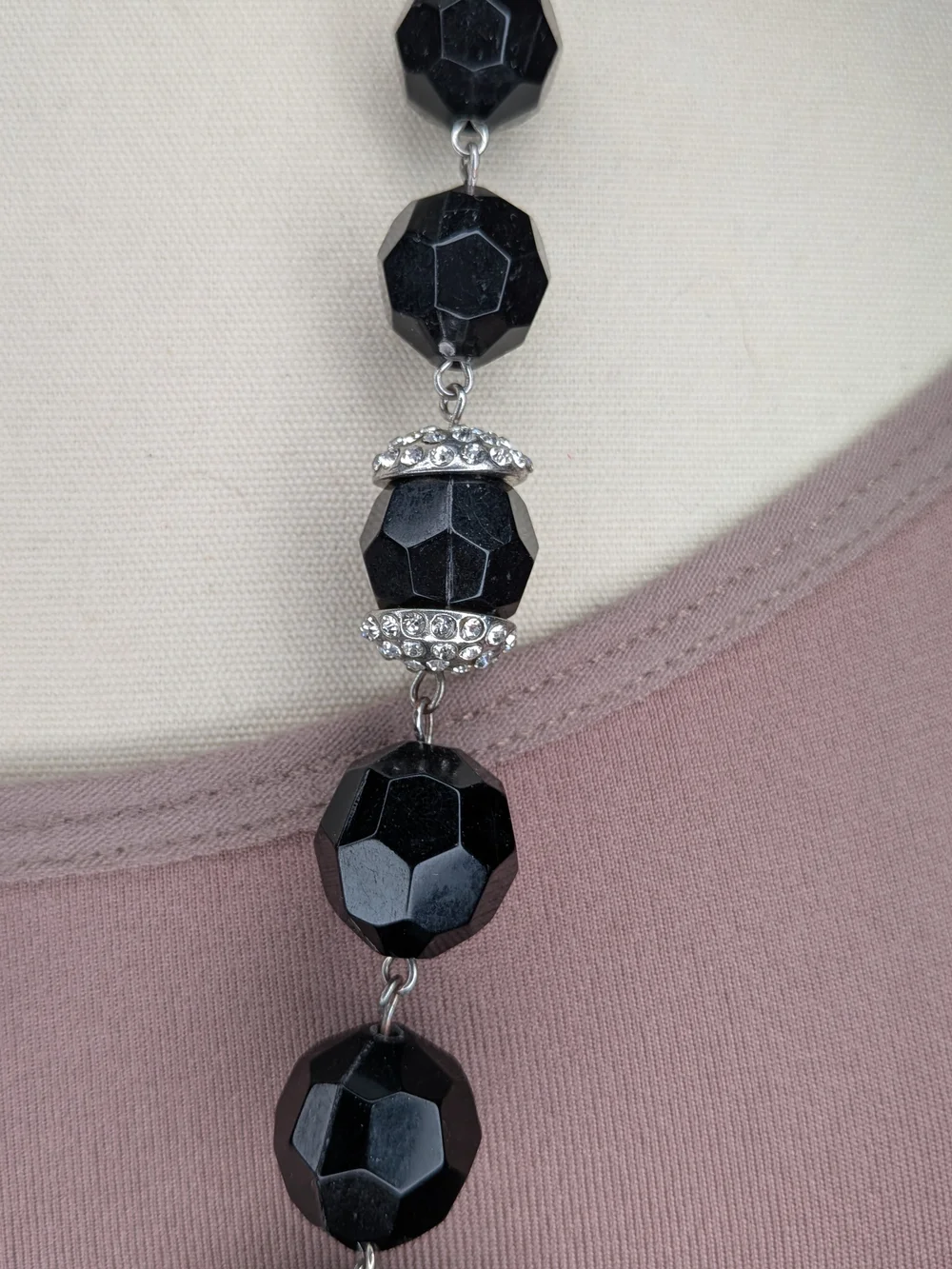 Long Faceted Black Bead Necklace Rhinestone Pave Accent Opera Length